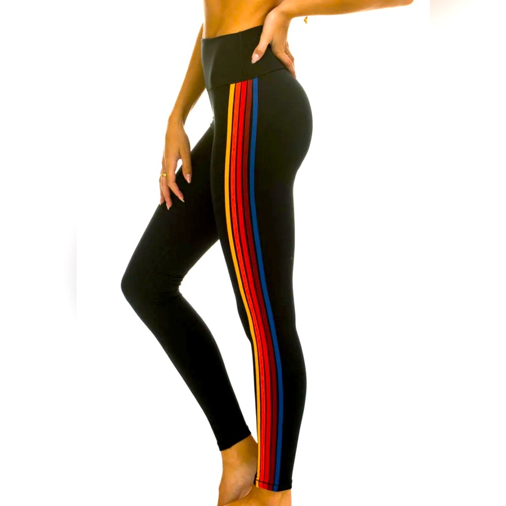 AVIATOR NATION HIGH WAIST FULL LENGTH 5 STRIPES LEGGINGS - BLACK